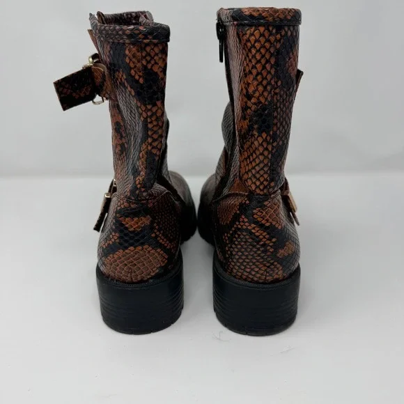 Asos Design Womens Snake Print Buckle Moto Boots Brown Black Chunky Heel Size 8 - Picture 5 of 11